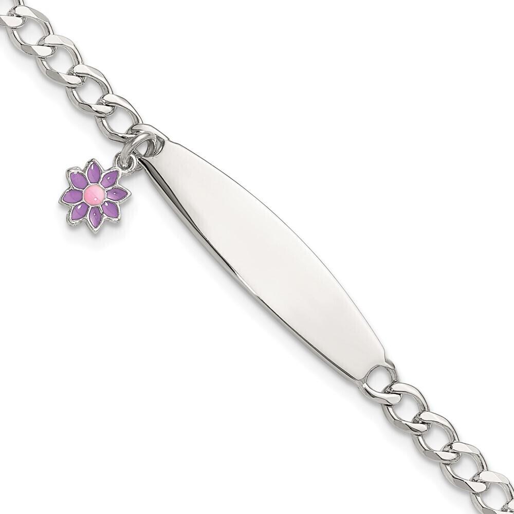 Sterling Silver Polished Enameled Flower Children's Id Bracelet